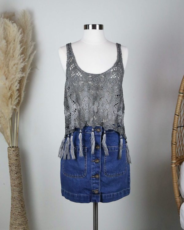 Crochet Tank with Tassels in Brown/Grey